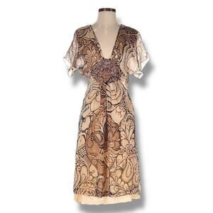 Alberta Ferretti Beaded Brown Print Silk Flutter Sleeve Boho Dress, Size 4